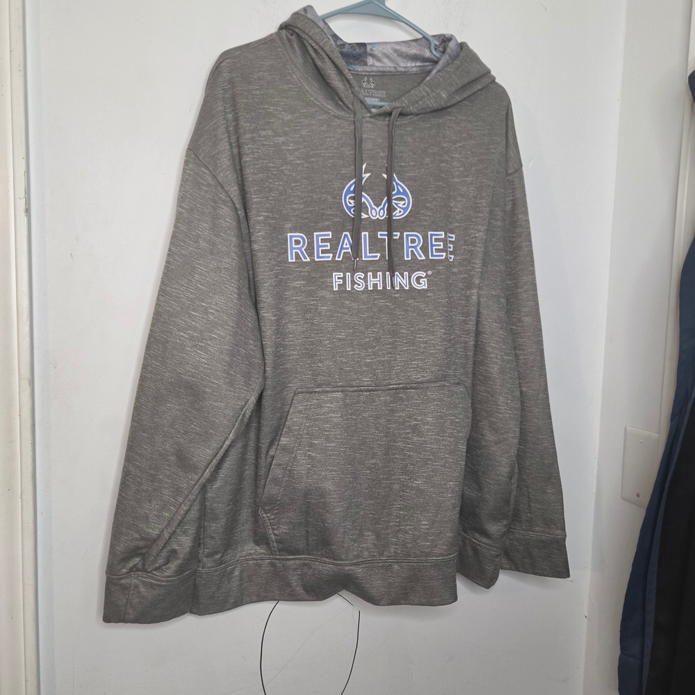 Realtree Fishing Mens XL Gray Space Dye Hoodie Camo Lined Performance Pullover